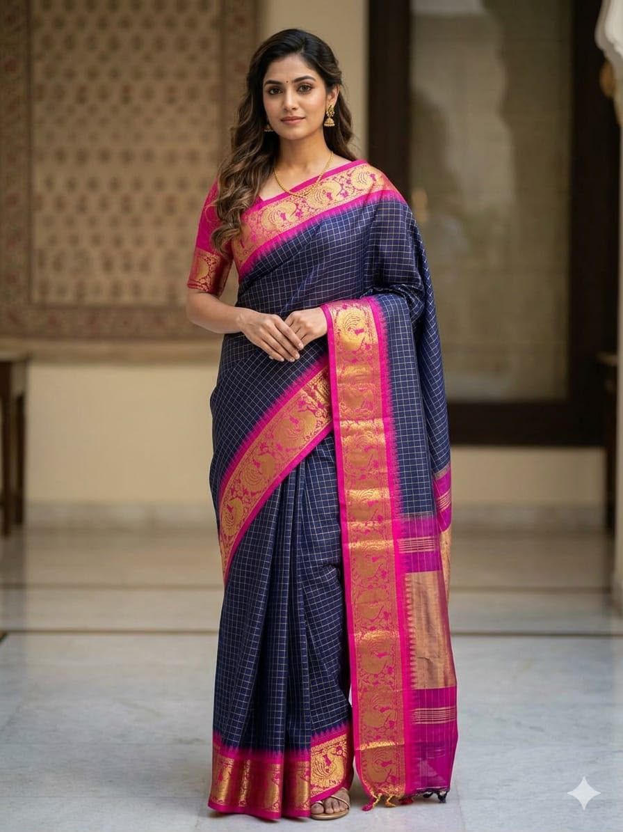 Royal Blue Checked Kanchipuram Soft Silk Saree with Teal Green Zari Border
